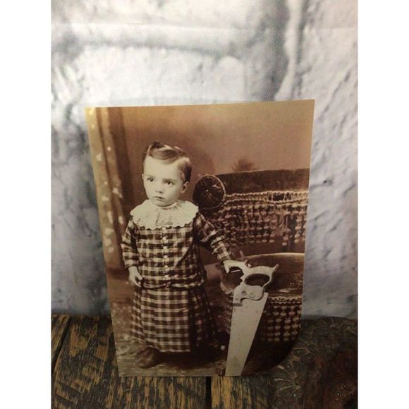 Vintage Photo Reprint Photo Boy With Hand Saw Odd Creepy - Picture 1 of 10